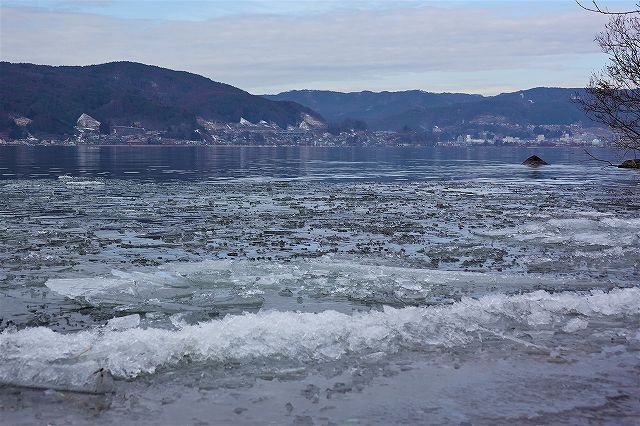 諏訪湖は岸辺に吹き寄せられた氷があるのみです。