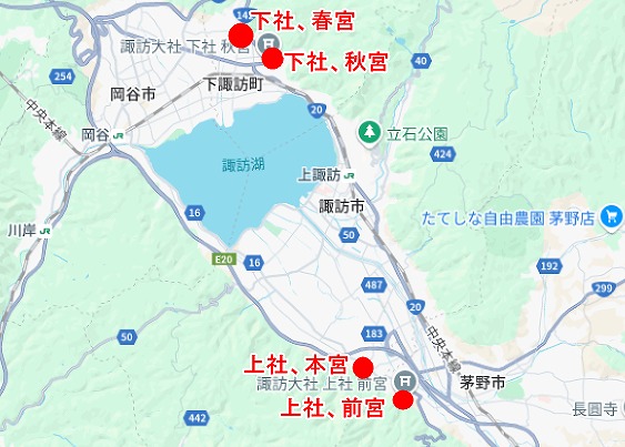 諏訪大社4社の位置関係
