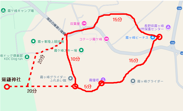 霧ヶ峰駐車場 ~ 霧鐘塔 ~ グライダーふれあい館 ~ 霧ヶ峰駐車場